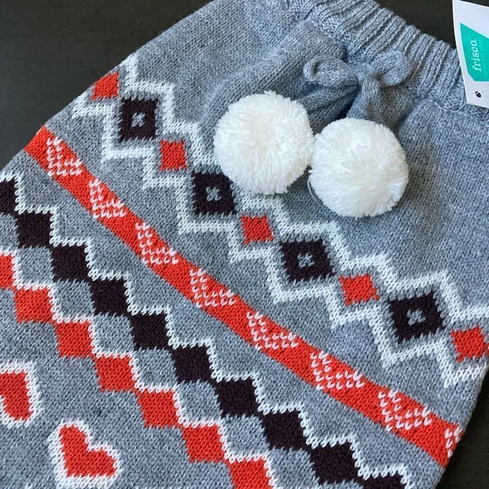 Fair Isle Hearts Gray Pom Pom Pet Nordic Holiday Valentine Dog Pet Sweater